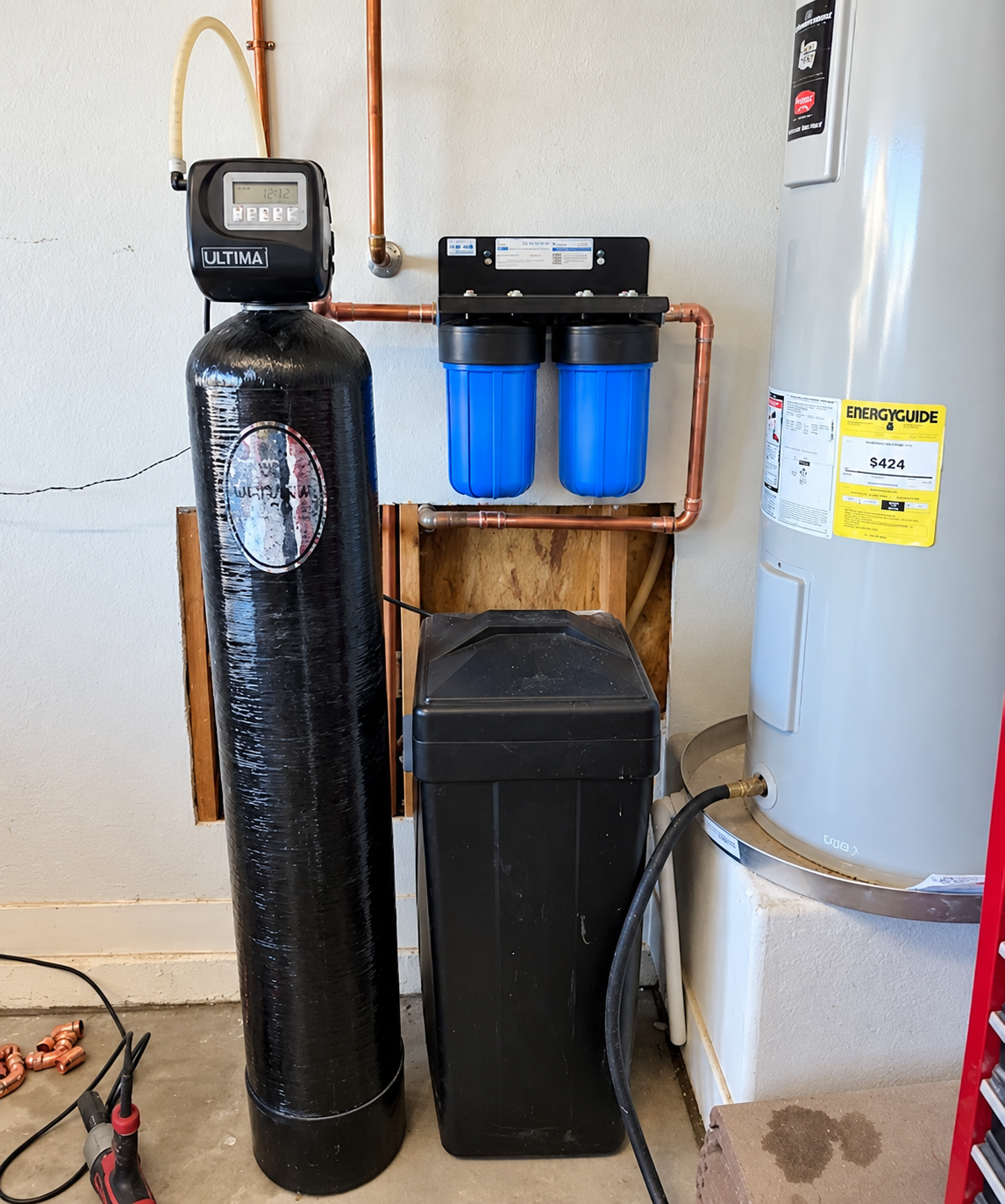 Water softener, brine tank and two blue filter housings in a Straight Flush Plumbing installation