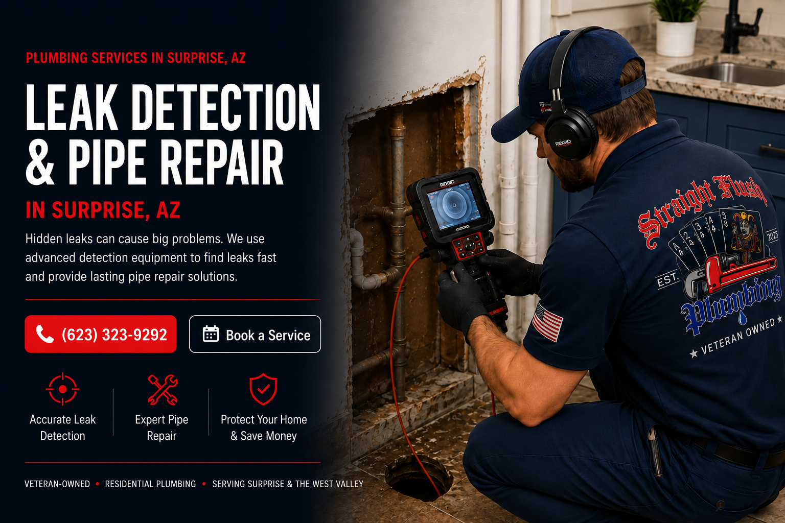 Leak detection and pipe repair service illustration for Straight Flush Plumbing in Surprise, Arizona